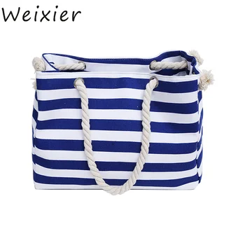 

WEIXIER 2019 Stripe shoulder bag shopping bag beach bag new fashion canvas bag wild rough twine striped beach bag LY-67