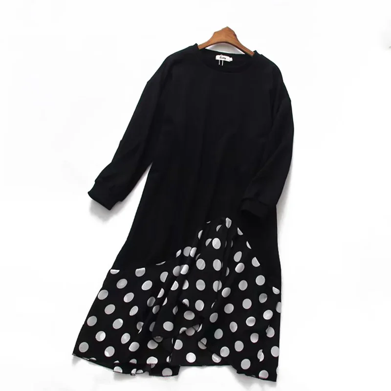 

New autumn loose patchwork black white dot long sleeve O-neck mid-calf dress woman