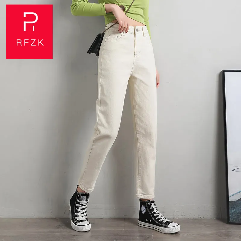 

Rfzk Cotton White Jeans for Women High Waist Mom Jeans Spring 2020 New Plus Size Women Jeans Denim Pants beige