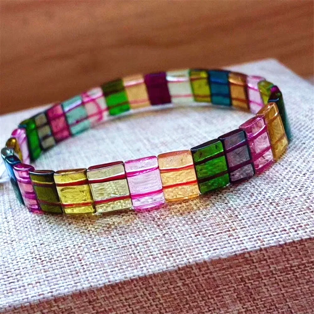 

Top Natural Clear Rainbow Tourmaline Quartz Bracelet For Woman Man Brazil Crystal 8.5x6mm Rectangle Beads Bangle Jewelry AAAAAA