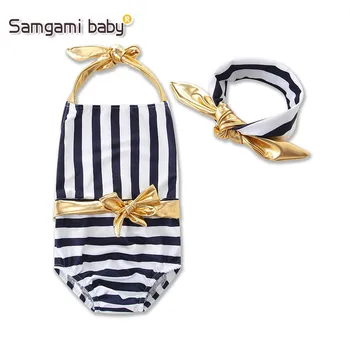 

2020 Amoi Stripe Sling Child Baby Girl One-Piece Swimsuit Beach Wear