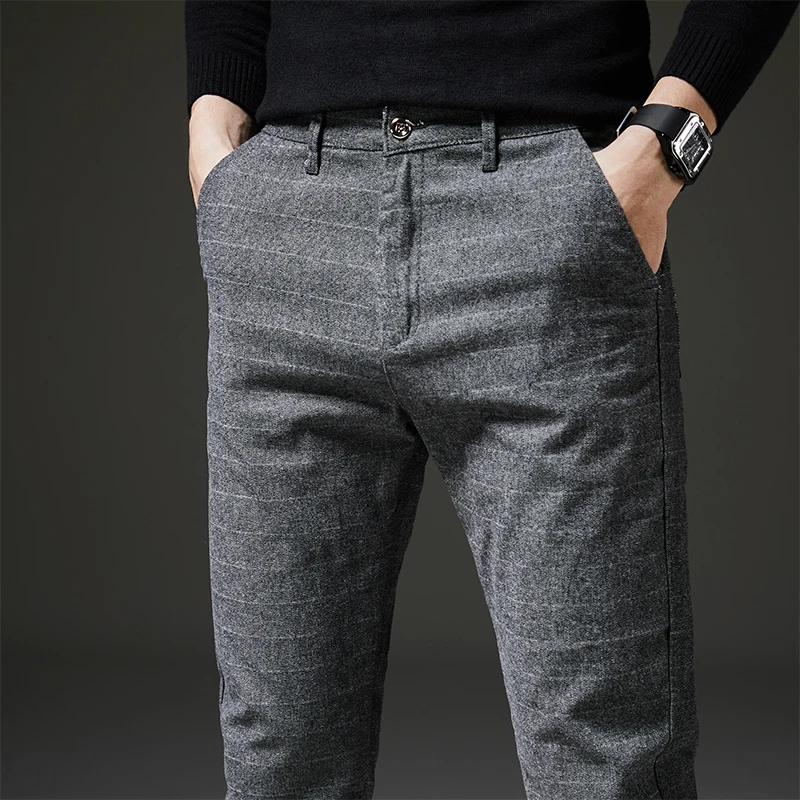grey Drizzte Winter Fleece Mens Pants Dress Black Grey Trousers Casual Slacks Pants for Work Smart Casual for Winter - Цвет: grey