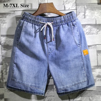 

Brand Men's Denim Shorts Summer Thin Light Blue Fashion Casual Loose Knee Length Overalls Jeans Shorts Male Large Size 6XL 7XL