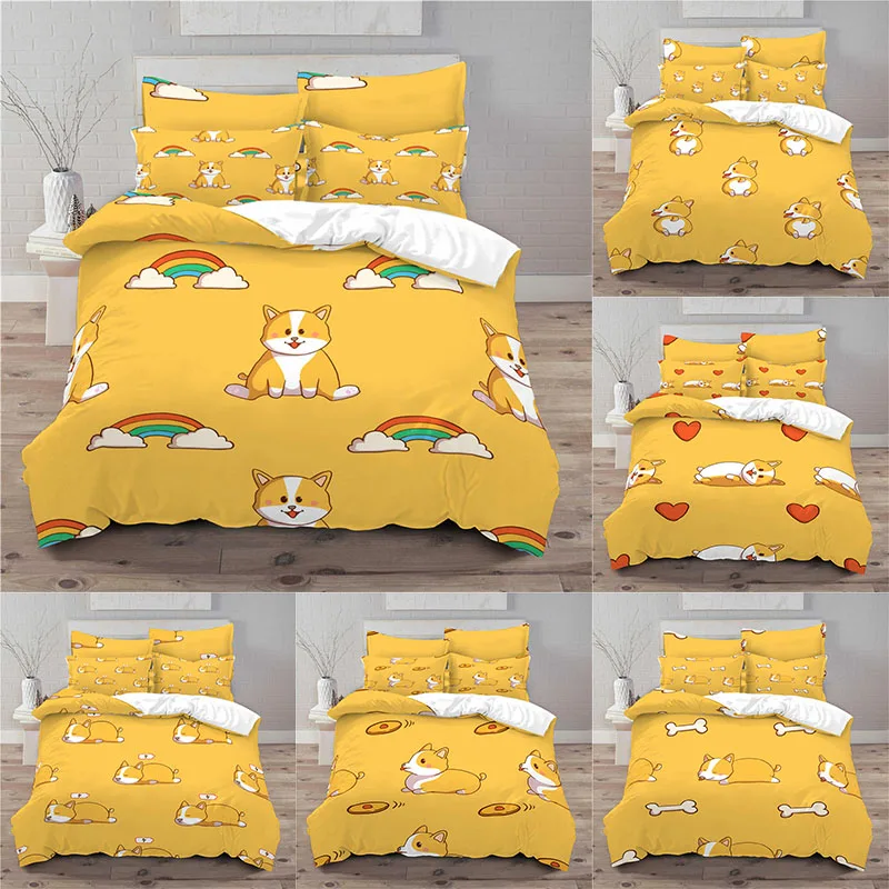 

Luxury 3D Cartoon Corgi Print 2/3Pcs Comfortable Animal Duvet Cover Pillowcase Bedding Sets Home Decor Queen and King Size