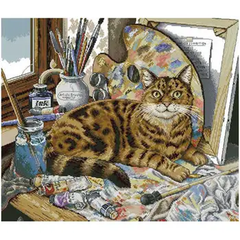 

Painter cat patterns Counted Cross Stitch 11CT 14CT 18CT DIY wholesale Chinese Cross Stitch Kits Embroidery Needlework Sets