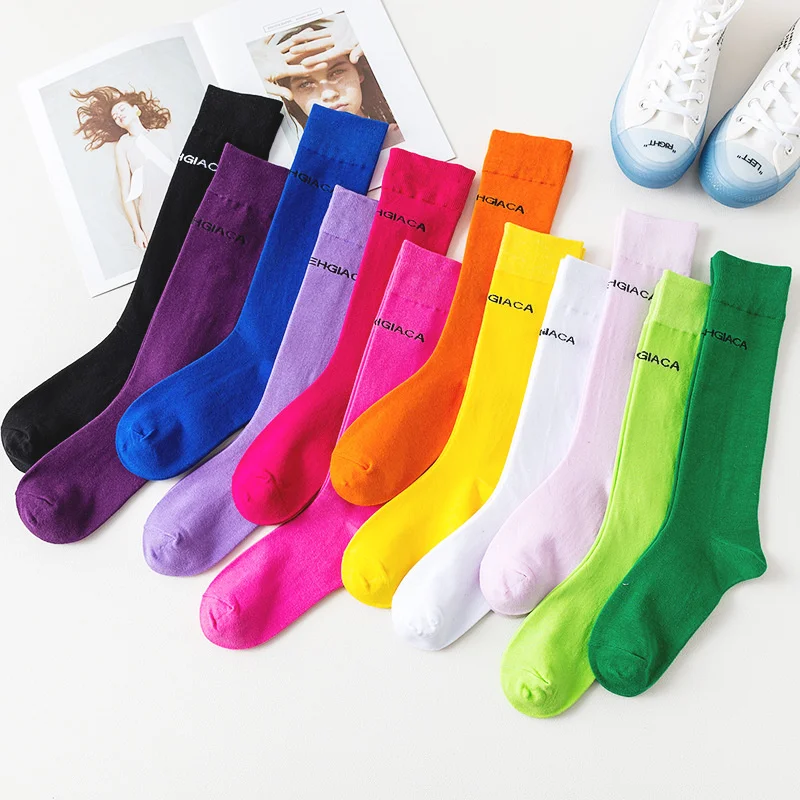 Anewmorn 3 Pairs Japanese Korea Colorful Street Calf Socks Women Solid Colors High Loose Double Needles Girl Stockings | Женская одежда