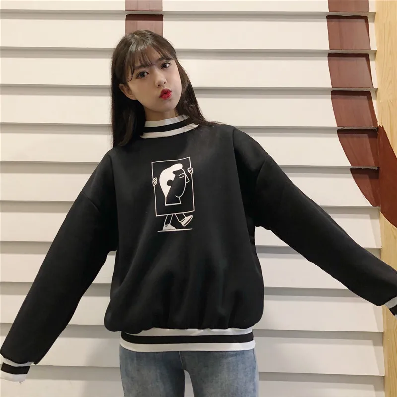 Забавный мультяшный Принт толстовки Толстовка Kpop толстовки женские Лоскутные негабаритные корейские пуловеры с длинным рукавом зимняя Толстовка