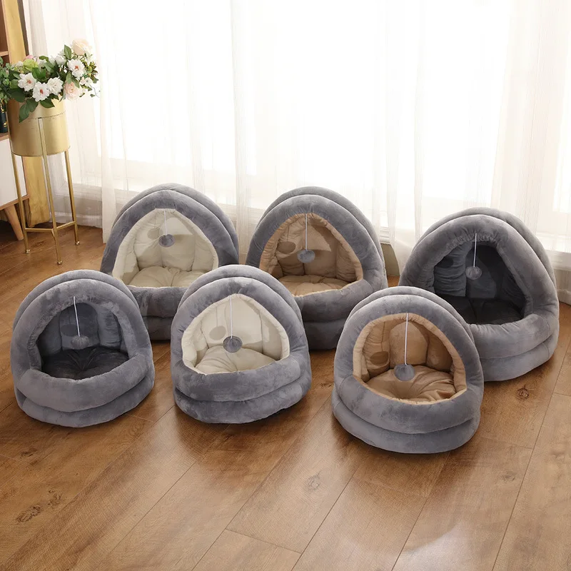 With Cloth Ball Play Cat Nest Winter Warm Cat Semi Closed Cat House Plush Thickened Cat Villa All Season Small Dog Kennel
