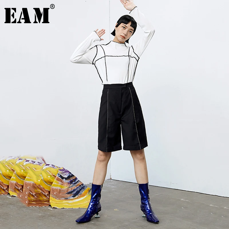 

[EAM] High Waist Pleated Trousers New Loose Fit Knee Length Pants Women Fashion Tide All-match Spring Autumn 2020 1B671