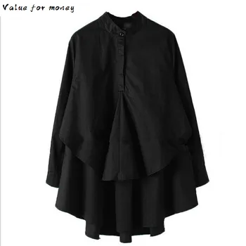 

Layers Double Women Hem Cotton Big Size Blouse New Stand CollarLong Sleeve Loose Fit Shirt Fashion Spring Autumn 2020