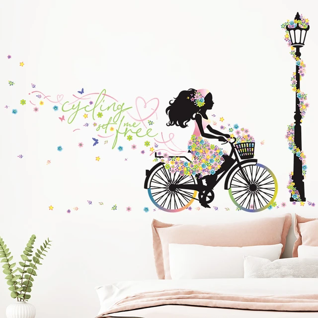 Bella ciclista fiori ragazza adesivi murali camera da letto per la  decorazione domestica soggiorno sfondo carta da parati adesivo autoadesivo  - AliExpress