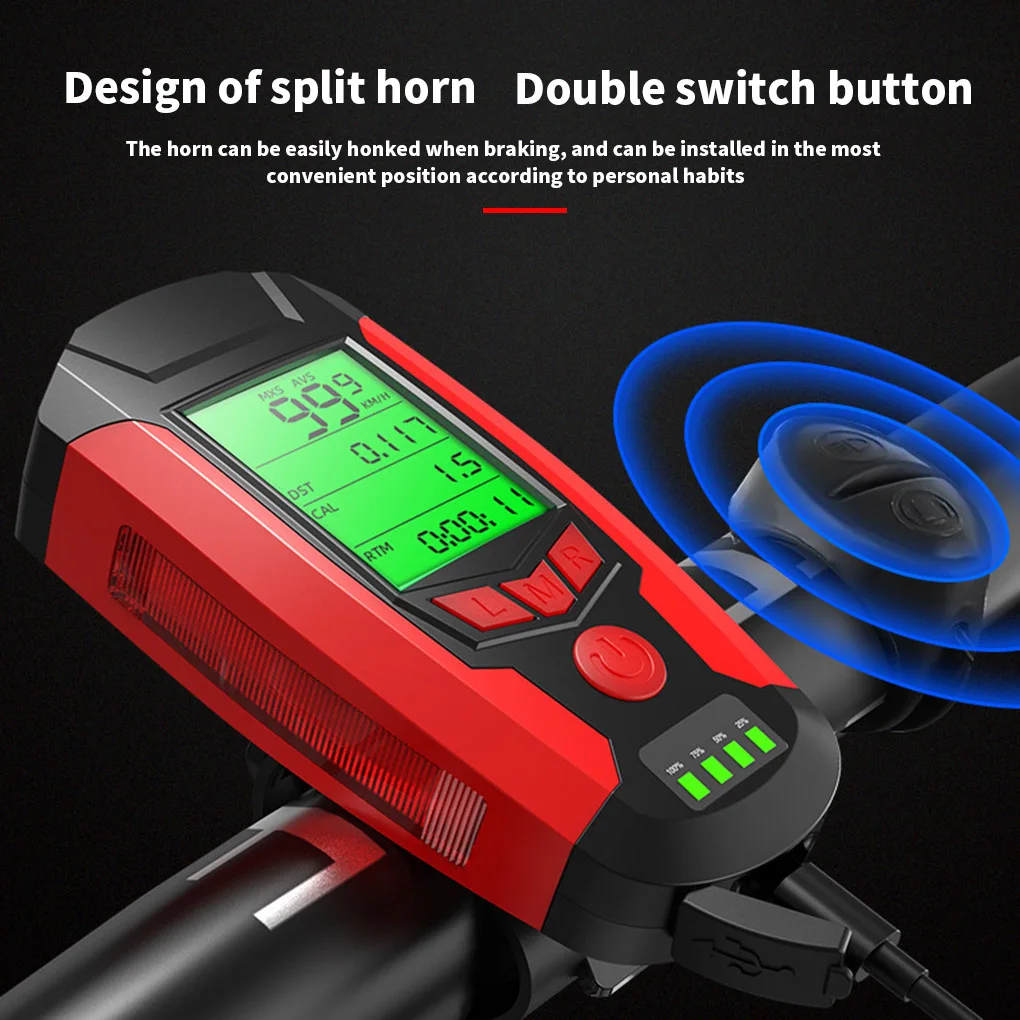 3 in 1 USB Bike Front Light 5 LED Bicycle Computer Horn Bicycle Flashlight IPX4 Waterproof Odometer Computer Speedometer