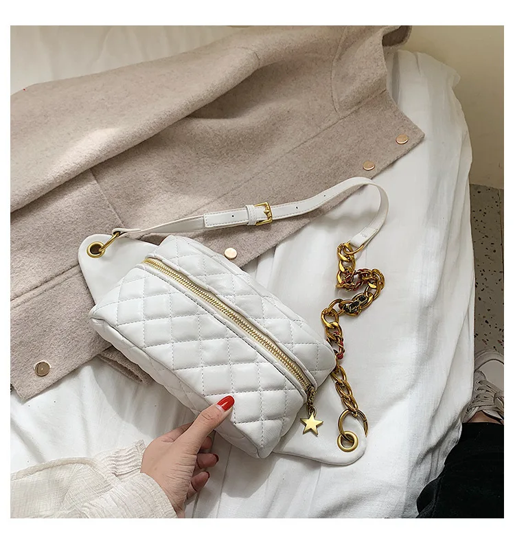 JI HAO Brand Design Diamond Lattice Shoulder Bags Female PU Leather Chains Solid Chest Bag For Women Ladies Fashion Waist Bags
