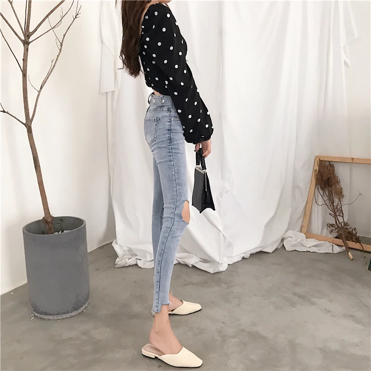 Hole-tight jeans design sense waistband nine-minute pants pencil pants women