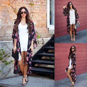 

2020 Summer Women Open Stitch Bathing Suit Short Sleeve Chiffon Swimwear Floral Print Beach Cover-Ups Long Tops for Baby Girls