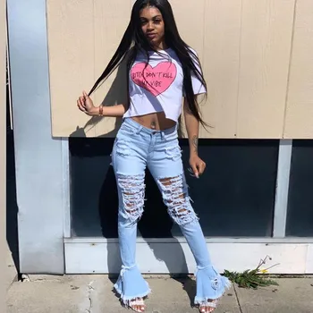 

Tsuretobe Ripped Jeans For Women High Waist Jeans Vintage Flare Jeans With Holes Patchwork Bell Bottom Jean Denim Pants Trousers