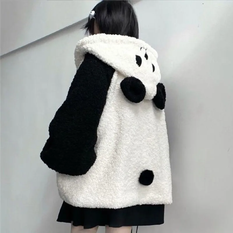 thumbnail image 1 of Sudaderas con capucha Kawaii para mujer, Sudadera con orejas de Panda, bolas de felpa, cremallera, Sudadera holgada, ropa escolar para adolescentes, ropa JK para niñas, Invierno, 1 of 5