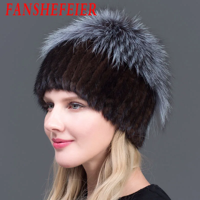 brown JINBAOSEN Neue Mode зима hюте фюр Фрауен реальный Nerz Hut Weibliche лоскутное Fuchs Pelz Mix Farbe Inneren Stricken mutzen warme - Цвет: brown