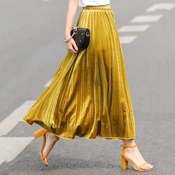 

Spring summer women pleated skirt gold velvet elegant long skirts for women high quality solid maxi skirt Female Falda DR1410