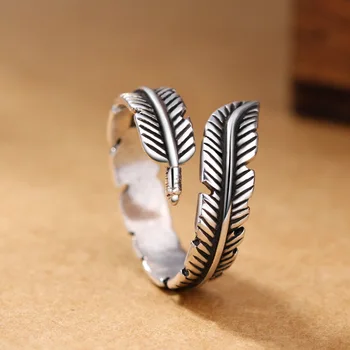 

Vintage 925 Sterling Silver Rings Adjustable Feather Finger Ring For Women Girls Wedding Jewelry Bijoux Femme JZ520