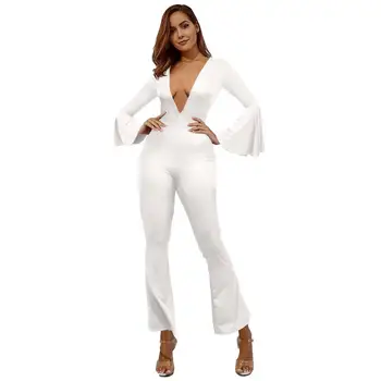 

Party Club Elegant Plunging Long Sleeve Jumpsuit Women High Waist Flare Pants Overalls Autumn Sexy Bodycon Romper
