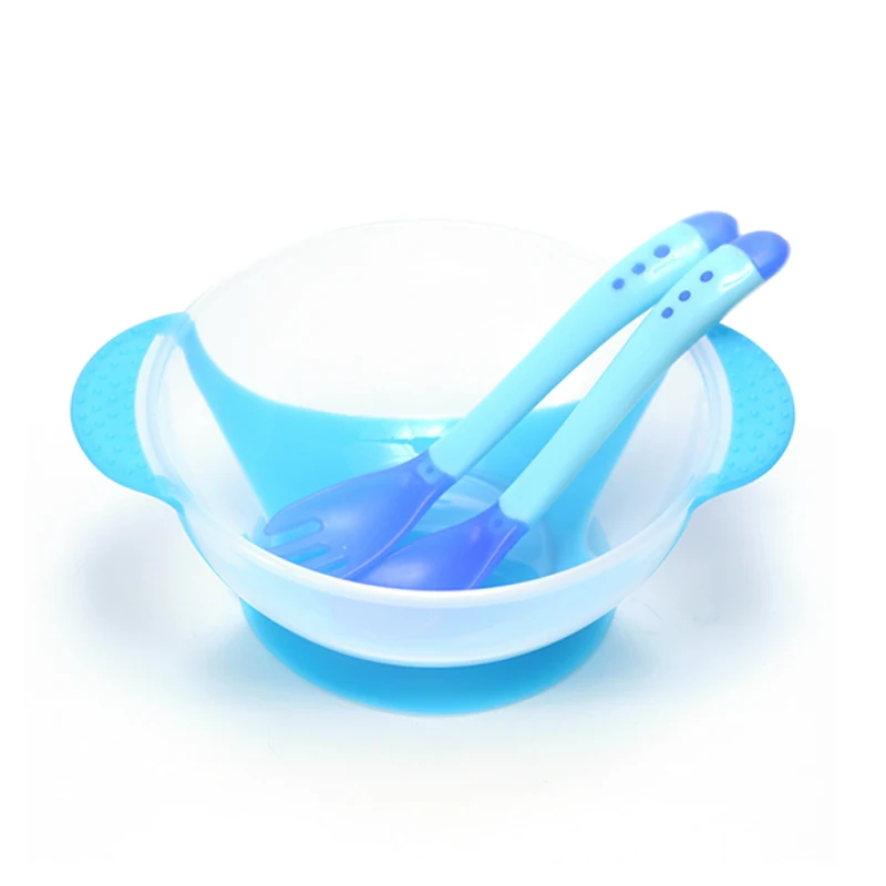 Детская посуда для кормления детская Тарелка на присоске чаша ребенок младенческого возраста детская обучающая тарелка для кормления Мультяшные бинауральные блюда - Цвет: 3 PC Blue