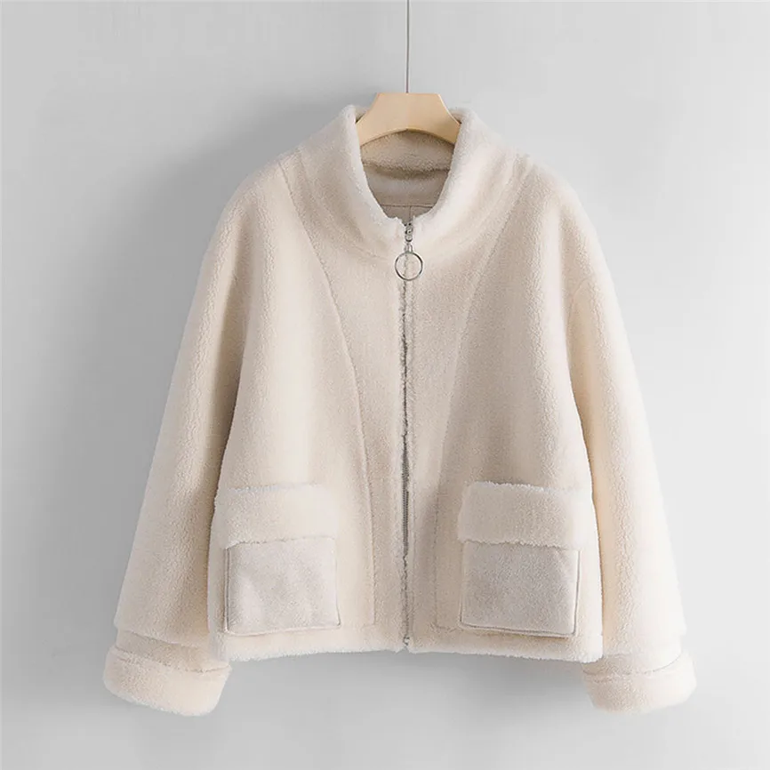 Beige Искусственное меховое плотное пальто для женщин, осенняя теплая мягкая свободная Меховая куртка, женская верхняя одежда на молнии, плюшевая женская зимняя короткая куртка 40 - Цвет: Beige