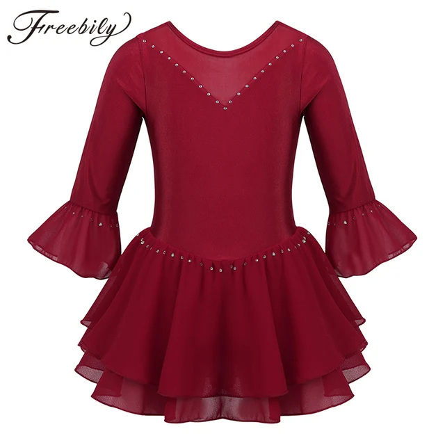 US $11.42 Kids Shiny Flare Sleeves Splice Rhinestone Figure Ice Skating Roller Skating Dress Girl Ballet Gymn