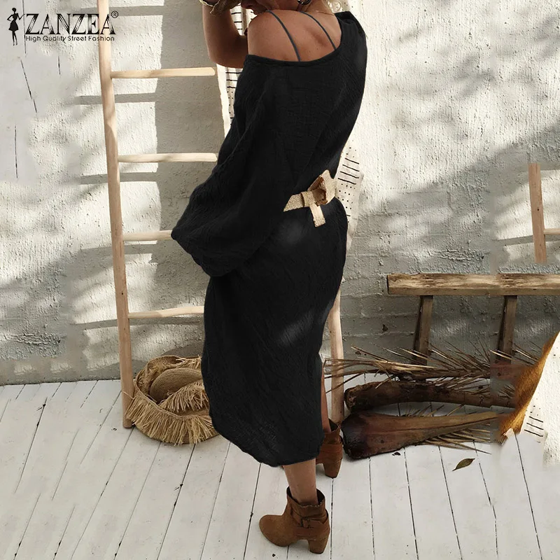 ZANZEA женское однотонное платье с рукавом длиной до колена Vestidos, хлопковый летний сарафан, сексуальное женское платье с v-образным вырезом размера плюс