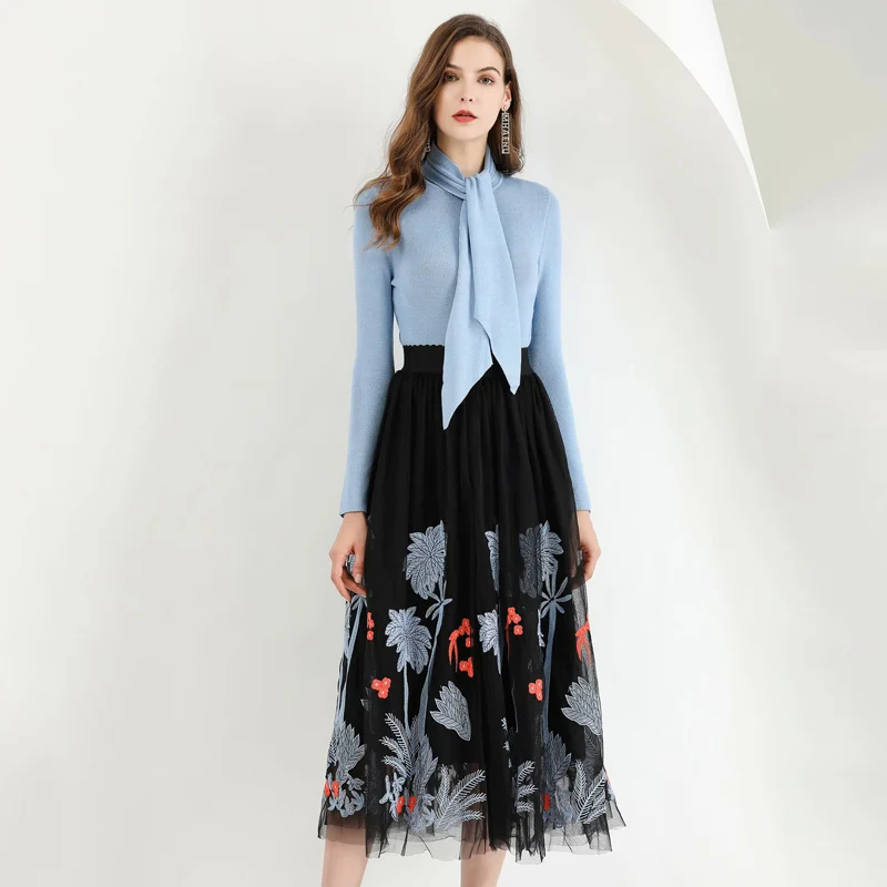 

VERDEJULIAY Vintage Autumn Winter Sets Women 2020 Runway New Sky Blue Bow Sweater+Black Mesh Flower Embroidery Skirt Sets