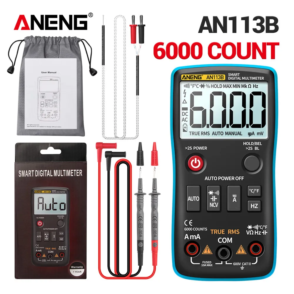 ANENG AN113B 6000 отсчетов Цифровой мультиметр True RMS с тестером температуры авто