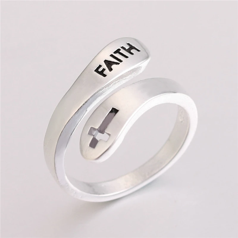 Color Charm Cross Shape FAITH Letter Rings for Women Men Adjustable
