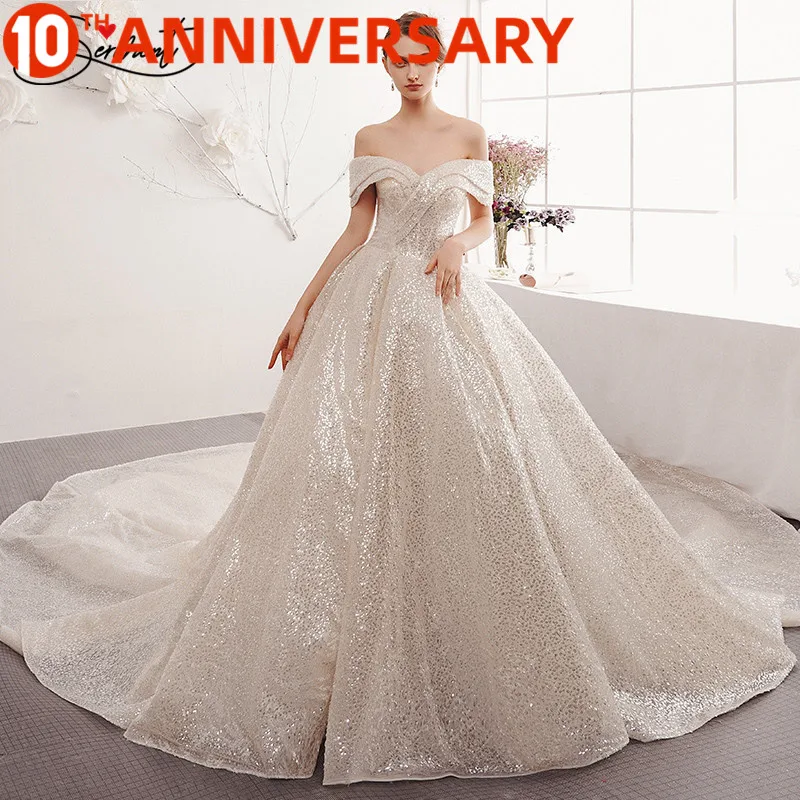 

OllyMurs Luxury New Off The Shoulder French-style Trailing Wedding Dress Champagne Sequins Spray Gold Noble Luxury Tailor-made