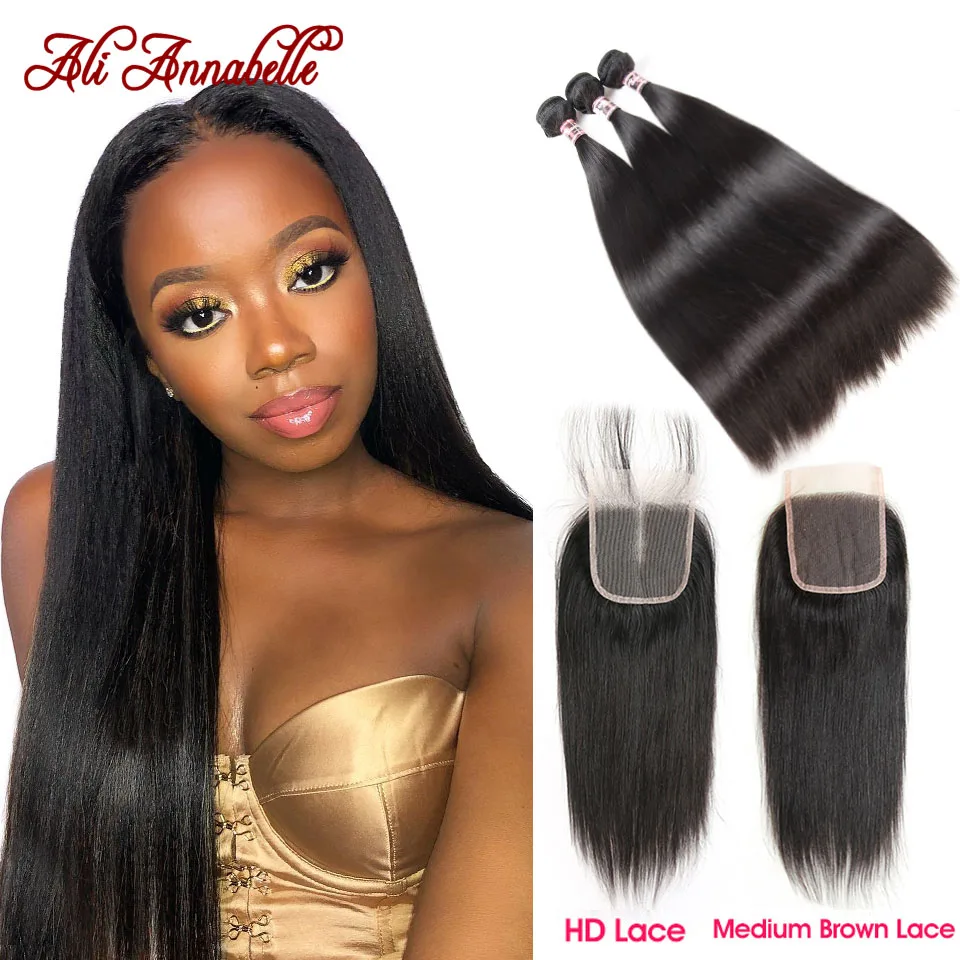 

HD Lace Closure with 3 Bundles Peruvian Straight Human Hair With HD Lace Closure Double Weft Human Hair Bundles With Closure