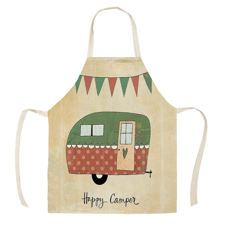 Home Cleaning Tools Cooking Apron Cartoon Happy Life Camper Love Printed Cotton Linen Women Sleeveless Kitchen Aprons WQ1500