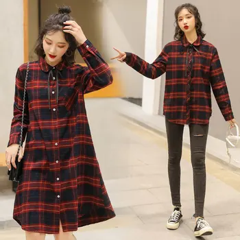 

2020 plaid shirt women's long-sleeved plaid mid-long academic style Loose Doll collar shirt
