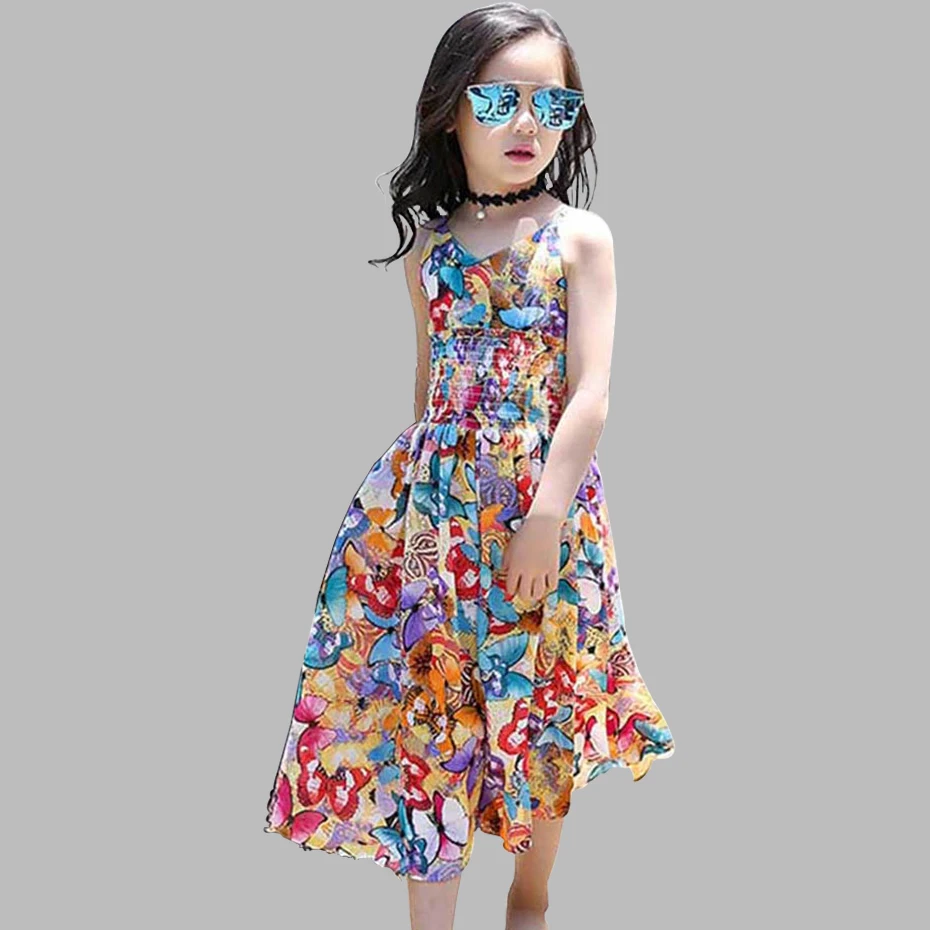 Платье для девочек, платье на бретелях с принтом бабочки для девочек, тонкое богемное детское праздничное платье, летние платья для девочек 6, 8, 10, 12, 14 лет