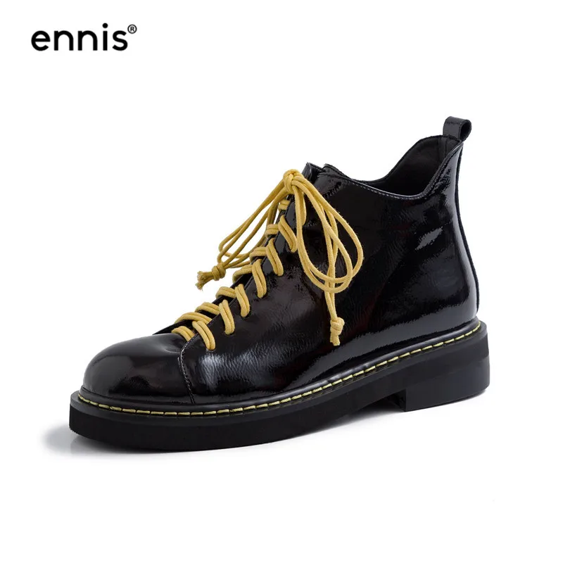 Yellow ENNIS/ г.; дизайнерские ботинки на платформе; обувь martin; женские ботильоны из лакированной кожи; осенние ботинки из натуральной кожи черного цвета на шнуровке; обувь на плоской подошве; A9194 - Цвет: Yellow