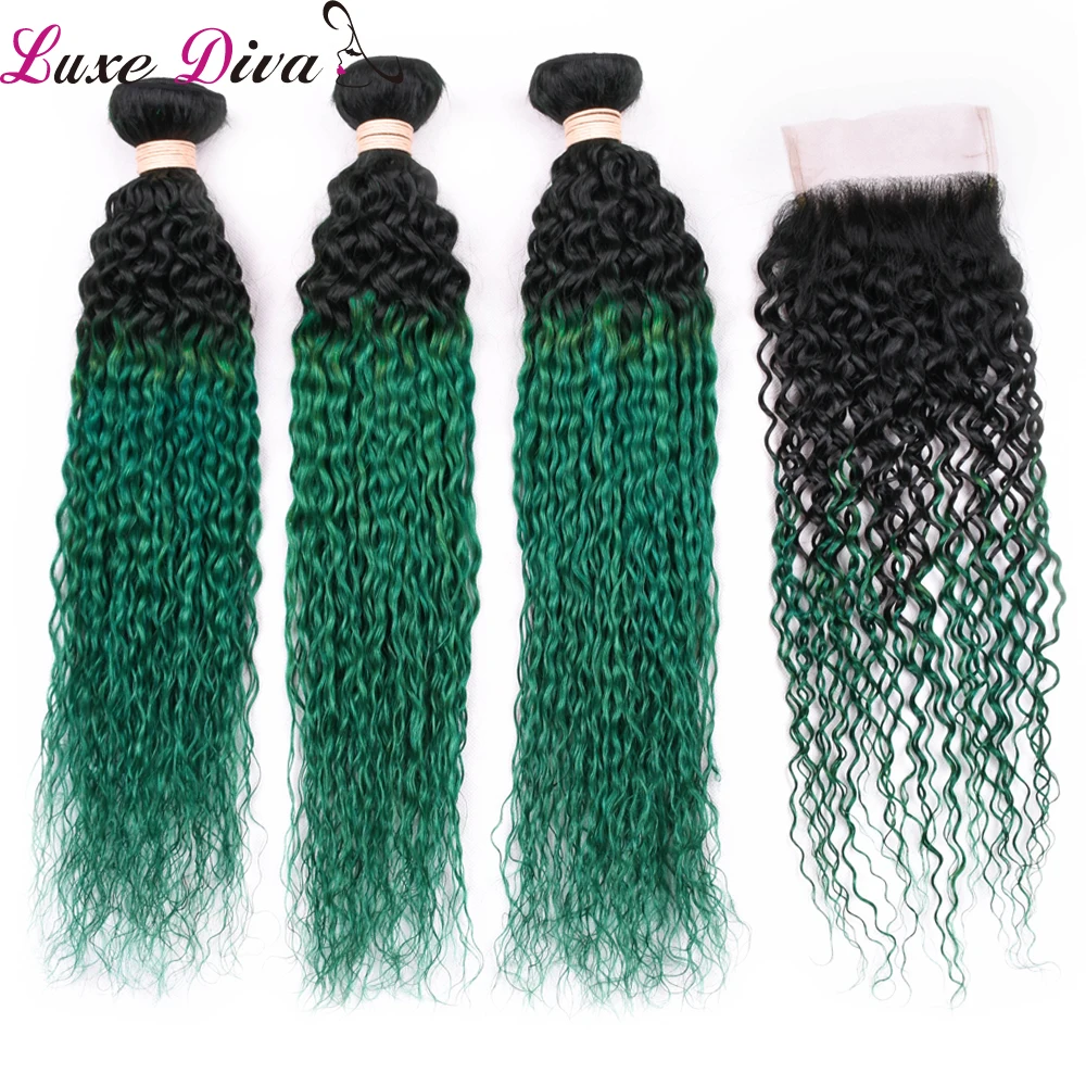 

Luxediva T1B/Green Kinky Curly Hair Bundles With Closure Brazilian Human Hair Weave Remy Hair Extensions With Lace Closure Afro
