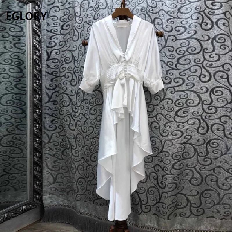 

Top Quality Dress 2019 Autumn Sexy Party Women V-Neck Vintage Buttons up 3/4 Sleeve Asymmetrical Lux White Club Dress Ladies
