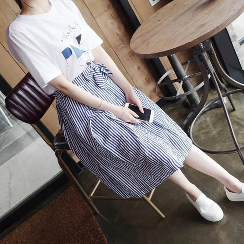 

2017 Summer Wear New Style Korean-style Women's Two-Piece Dress Mid-length Set High-waisted Stripes A- line Skirt