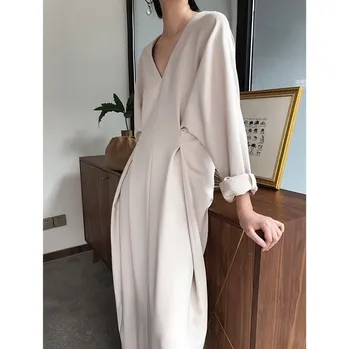 

Women Dress A-Line Long Sleeve High Waist V-neck Loose Vintage Mini Woman Dresses Elegant French Chic Autumn Or Spring New