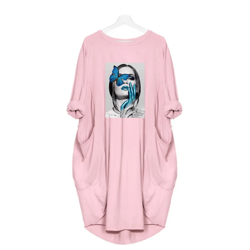 Plus Size Nordic Art Dress Butterfly Girl Cool Women Midi Dresses O-Neck Autumn Thin Long Sleeve Pockets Loose Party Vestidos