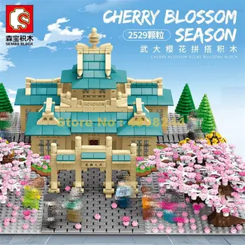 

601079 2529pcs sakura flower cherry blossom season courtyard city architecture view led building blocks Bricks Toy