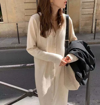 

Elegant women's long sweater dress V-neck autumn winter tight-fitting straight dress women casual single-breasted sweater dress