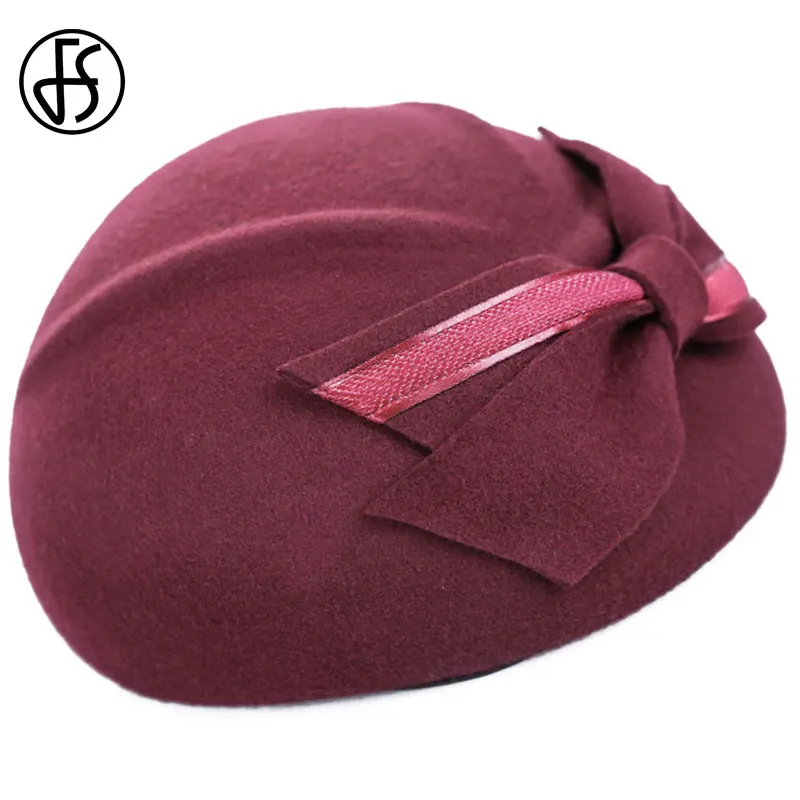 Wine Red Wool Fedora FS черные красные французские шерстяные береты женские фетровые шляпы для церкви винтажная фетровая шляпа осень зима Клош лук Trilby Chapeau Femme шапки - Цвет: Wine Red Wool Fedora