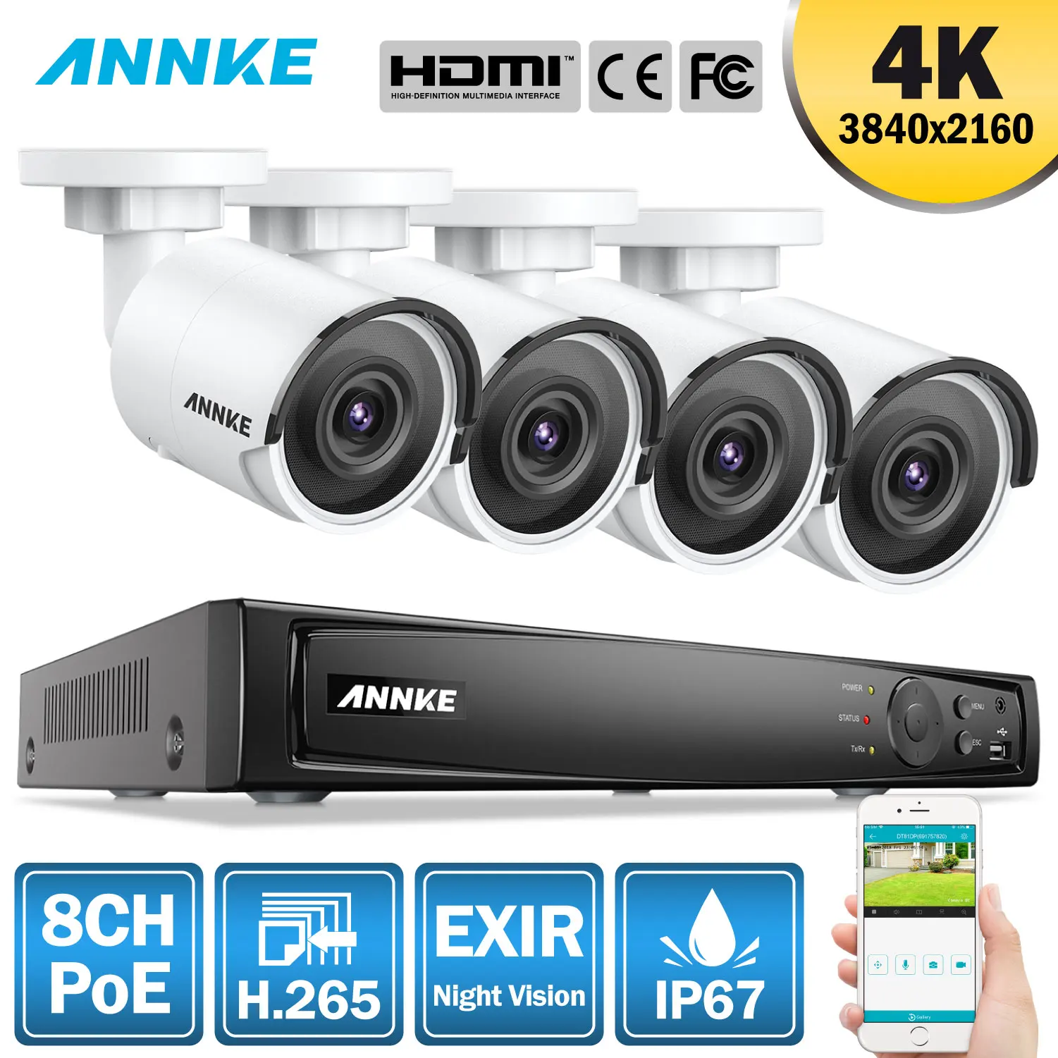 

ANNKE 8CH 4K Ultra FHD POE Network Video Security System 8MP H.265 NVR With 4PCS 8MP Weatherproof IP Camera With 1TB/2TB/4TB HDD