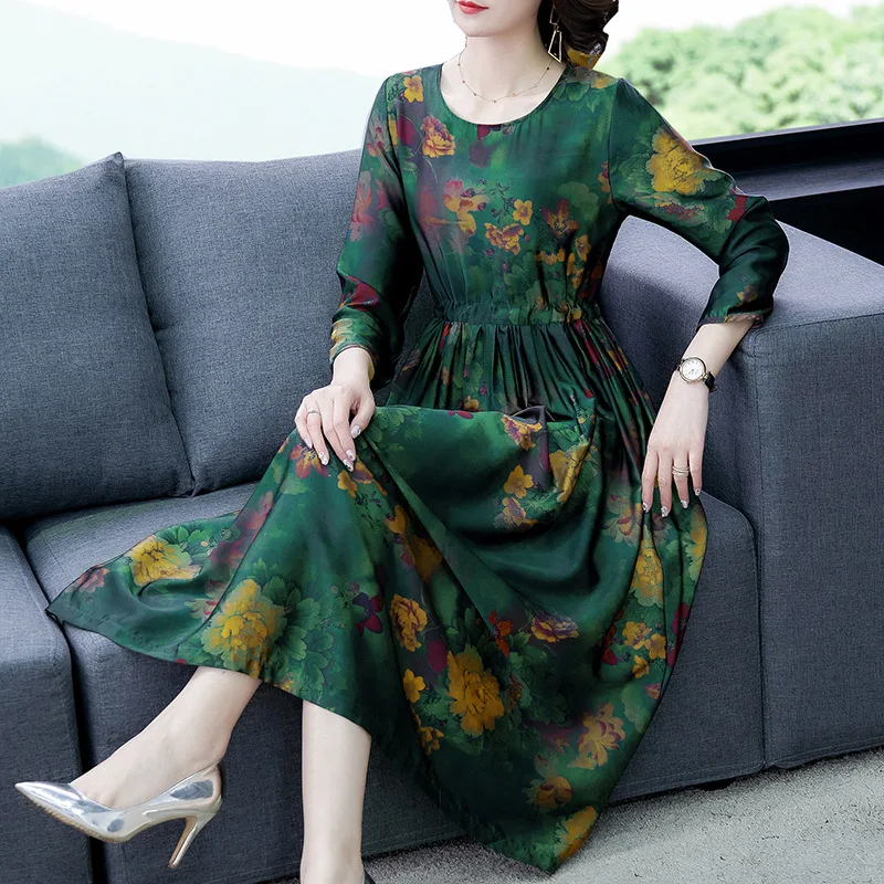 

Silk Dress 2020 Spring New Style Fashion V-neck Real Silk Robe Women's Long Loose-Fit Slimming Mulberry Silk