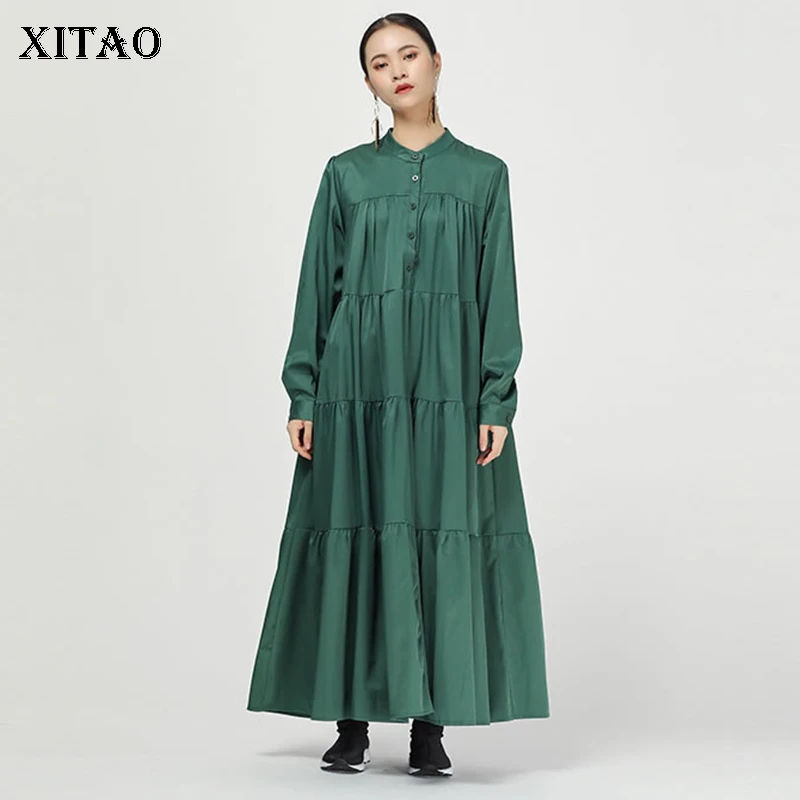 Женское длинное платье XITAO винтажное Плиссированное однобортное составного кроя