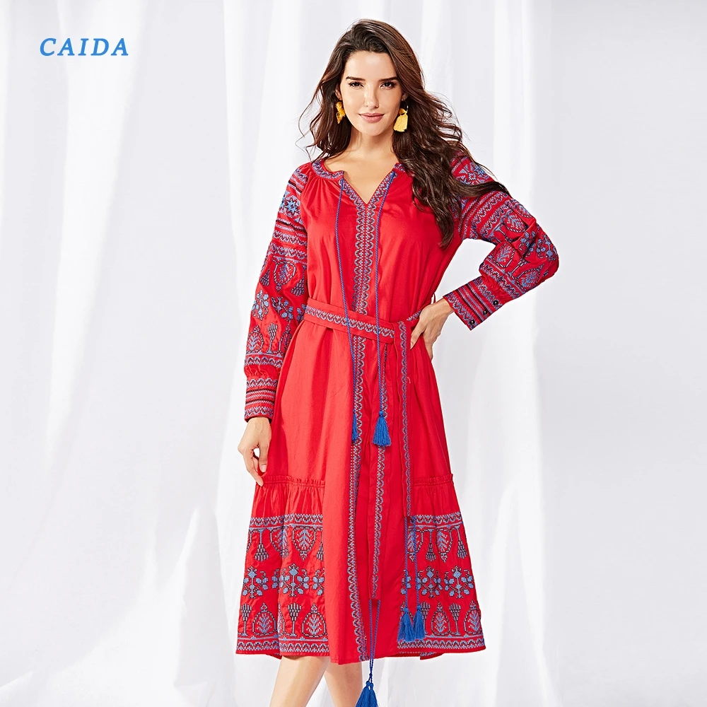 

CAIDA Winter Women Dress National Style Print Embroidered Tassel V-Neck Loose Dress Autumn Long Sleeve Dresses New Arrivel